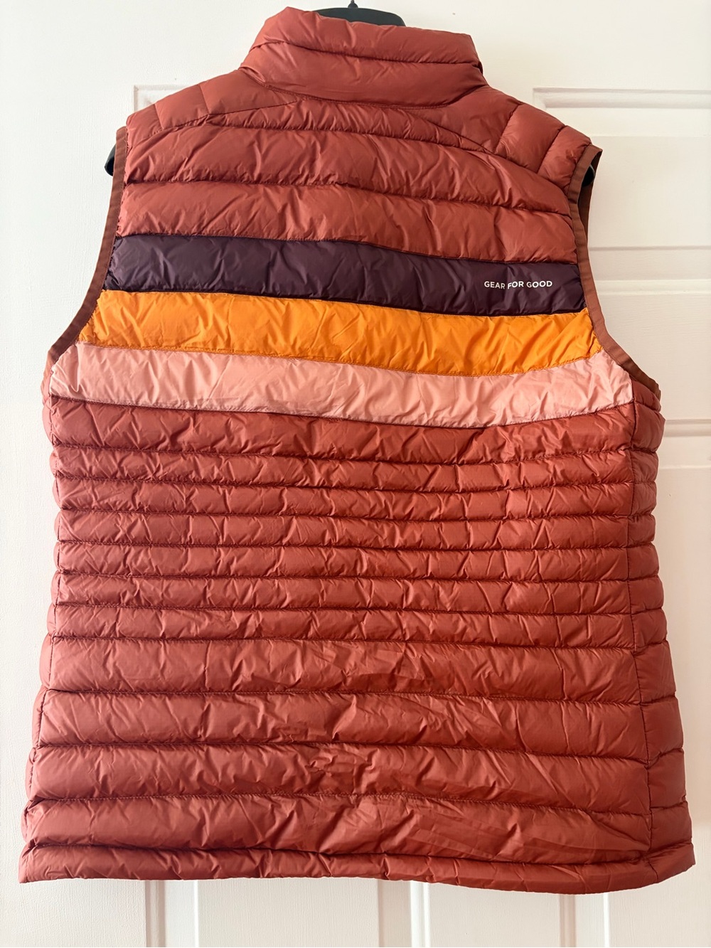 cotopaxi Rust Quilted Puffer Vest with Colorblock Chest Stripes - Picture 2 of 3